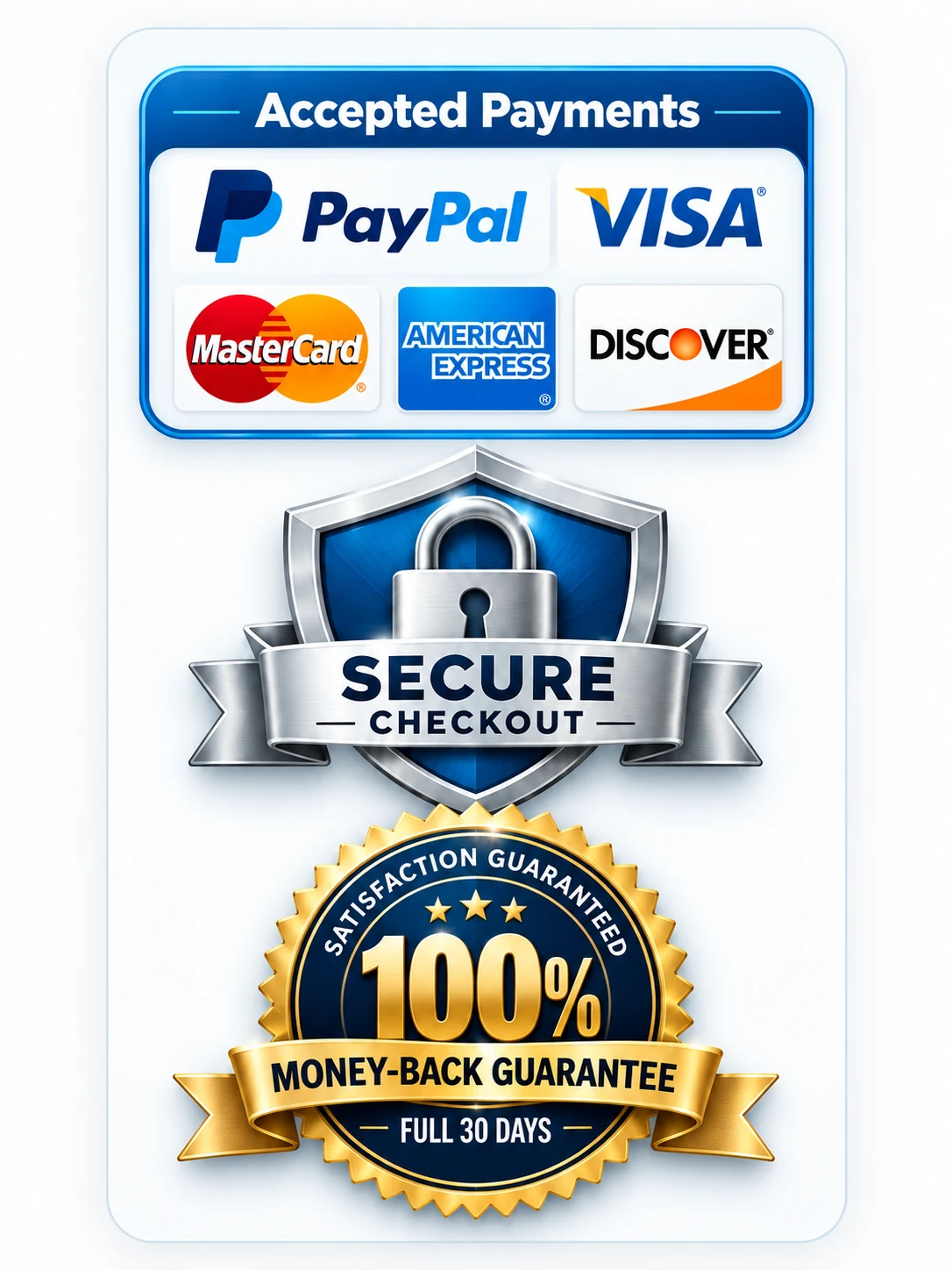 Accepted payments including PayPal, Visa, Mastercard, American Express and Discover, secure checkout, and 30-day money-back guarantee