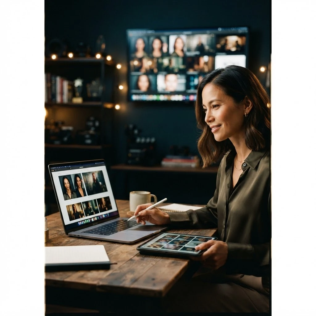 Entertainment professional reviewing their portfolio website on a laptop in a studio