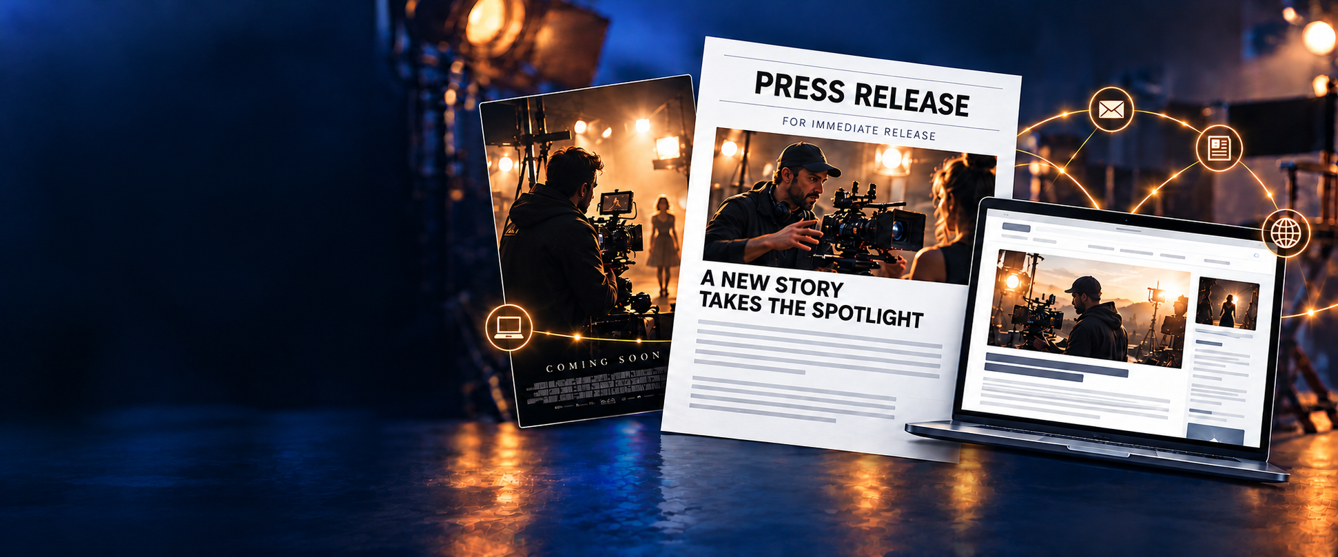 Film poster, press release and online entertainment article mockups
