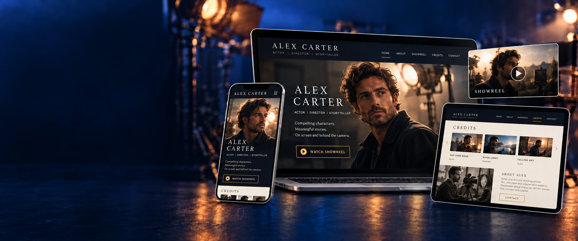 Actor portfolio displayed on desktop, tablet and mobile